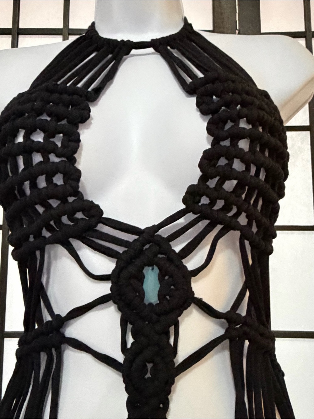Black Macrame Crochet Halter Top Dress with Center Accent